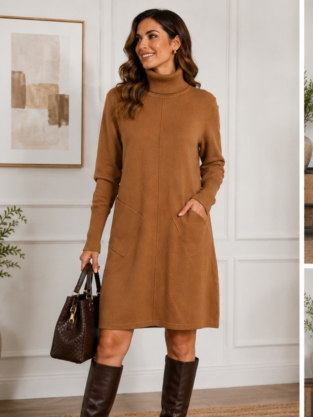 Marla Wynne Layers Camel Turtleneck Sweater Dress M NWOT Pockets